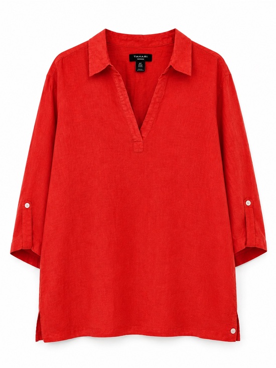 Tahari Tops - Tahari 100% Linen Tunic Top Women's 3X Red Popover Collared Shirt Plus Size